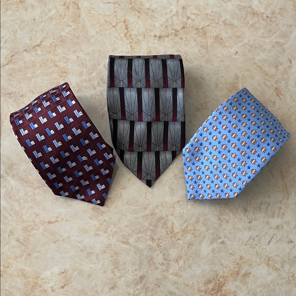 Elegant Men's Tie Set - Burgundy, Gray, and Blue with Fishes